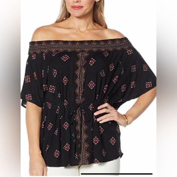 Colleen Lopez Off The Shoulder Oversized Patterned Black Red Peplum Top XS New! - Picture 5 of 12